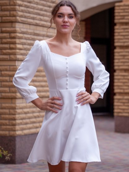 Короткое белое платье с длинным рукавом, идеально на свадьбу или день рождения, фото 1