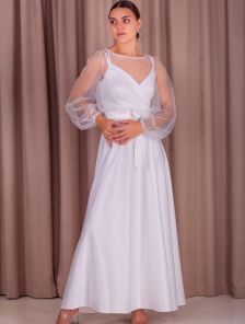 Длинное вечернее платье на длинный рукав для невесты в минимастическом стиле