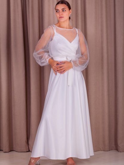 Длинное вечернее платье на длинный рукав для невесты в минимастическом стиле, фото 1