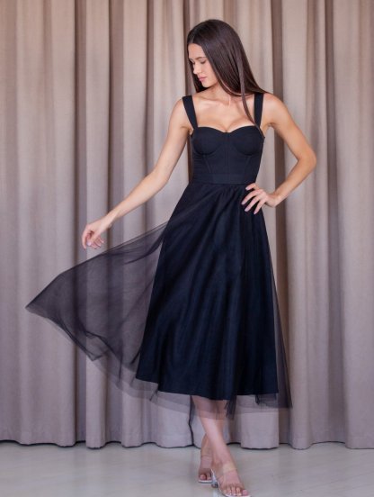 Корсетное черное платье миди длины со шнуровкой, фото 1