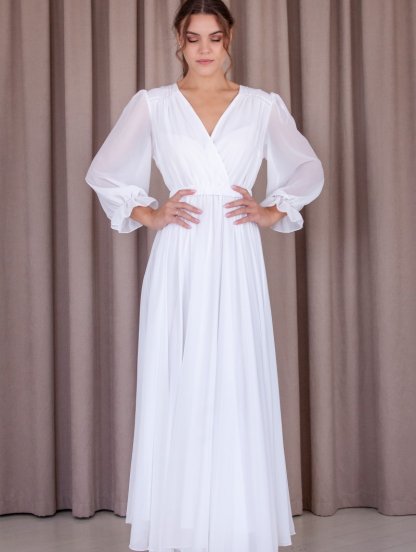 Шифоновое белое длинное платье с рукавом, фото 1