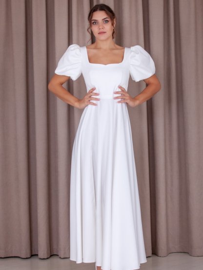 Белое вечернее платье в пол с рукавами пуф и разрезом по ноге, фото 1