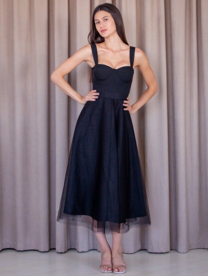 Корсетное черное платье миди длины со шнуровкой, фото 1