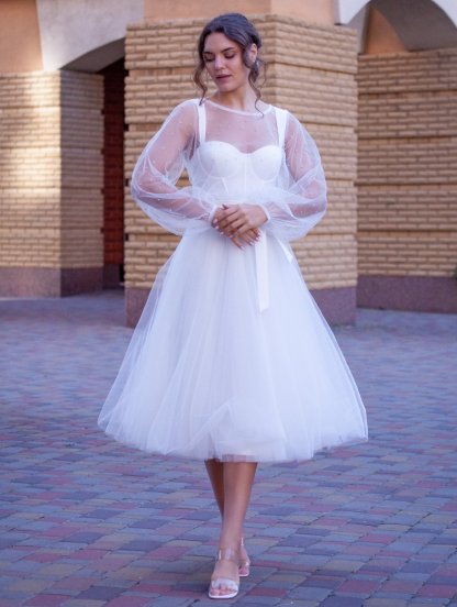 Белое нарядное фатиновое корсетное платье на длинный рукав, фото 1