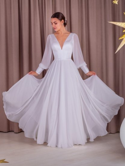 Белое атласное платье с корсетом и шифоновыми длинными рукавами, фото 1