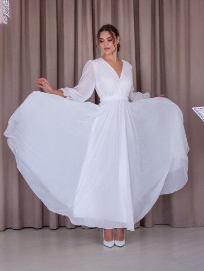 Шифоновое белое длинное платье с рукавом, фото 1