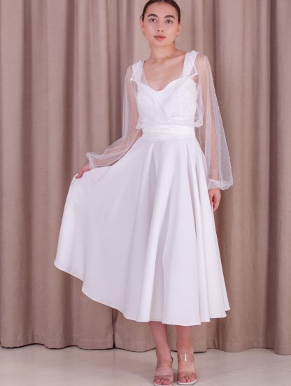 Белое нарядное платье миди с прозрачными широкими рукавами, фото 1