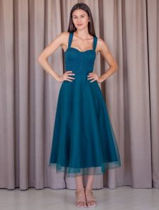 Корсетное зеленое платье миди длины со шнуровкой