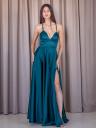 Увеличить фото Длинное атласное платье изумрудного цвета с разрезом, фото 2