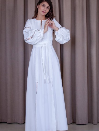Белое вечернее кружевное платье с вышивкой, фото 1