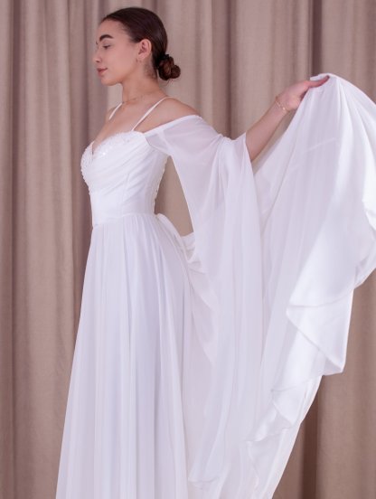 Вечернеее длинное белое платье с корсетом и красивыми рукавами, фото 1