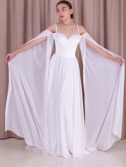 Вечернеее длинное белое платье с корсетом и красивыми рукавами, фото 1