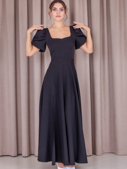 Вечернее длинное черное платье с рукавами фонариками и разрезом, фото 1