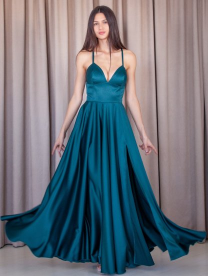 Длинное атласное платье изумрудного цвета с разрезом, фото 1