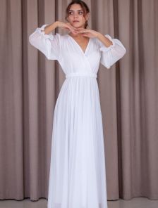 Шифоновое белое длинное платье с рукавом