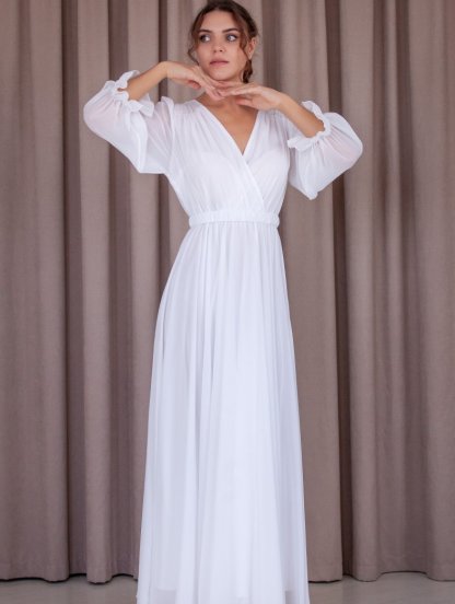 Шифоновое белое длинное платье с рукавом, фото 1