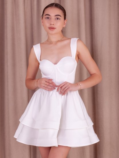 Коктейльное короткое платье белого цвета с пышной юбкой, фото 1