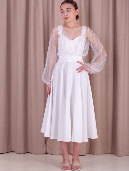Белое нарядное платье миди с прозрачными широкими рукавами, фото 1