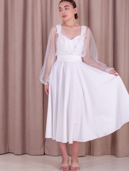 Белое нарядное платье миди с прозрачными широкими рукавами, фото 1