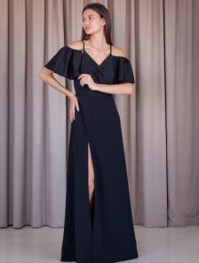 Вечернее черное платье с рукавами, разрезом на ноге, платье для вечеринок