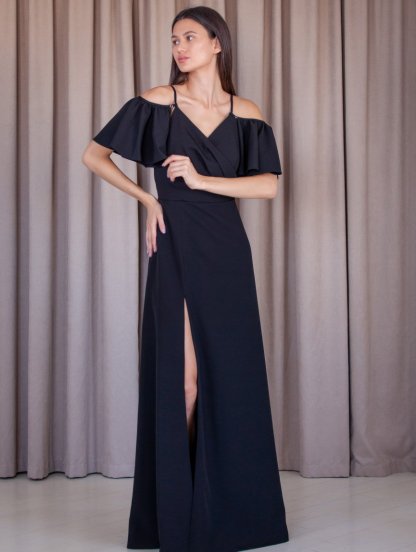 Вечернее черное платье с рукавами, разрезом на ноге, платье для вечеринок, фото 1