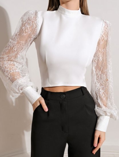 Белая блуза с кружевным рукавом, фото 1