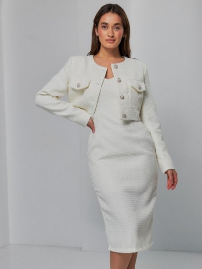 Молочное твидовое платье миди длины в комплекте с твидовым пиджаком, фото 1