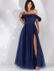 Темное синее корсетное платье с цветами на выпускной или для невесты