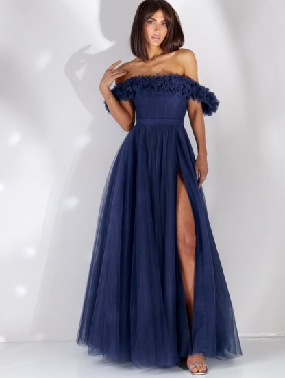 Темное синее корсетное платье с цветами на выпускной или для невесты, фото 1