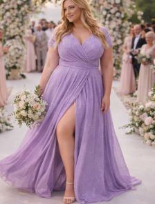 Вечернее длинное блестящее платье сиреневое цвета