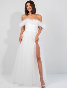 Длинное корсетное белое платье с цветами на выпускной или для невесты