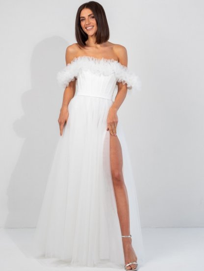 Длинное корсетное белое платье с цветами на выпускной или для невесты, фото 1