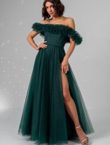 Зеленое корсетное платье с цветами на выпускной или для невесты