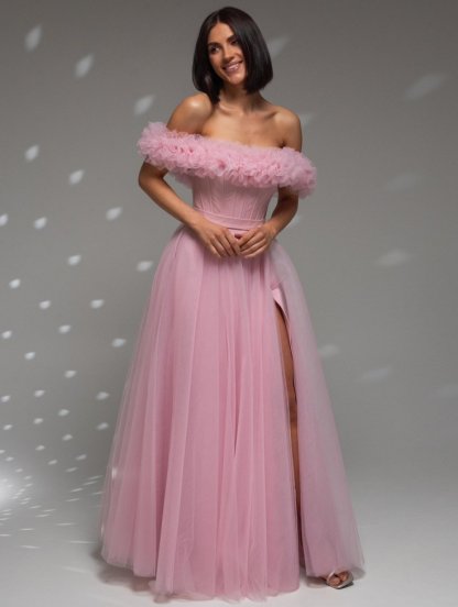 Светлое розовое корсетное платье с цветами на выпускной или для невесты, фото 1