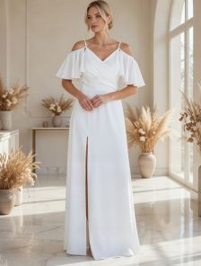 Белое вечернее платье в пол с дополнительными рукавами, которые можно снимать