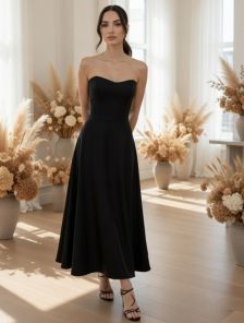 Длинное черное корсетное платье с оголенными плечами