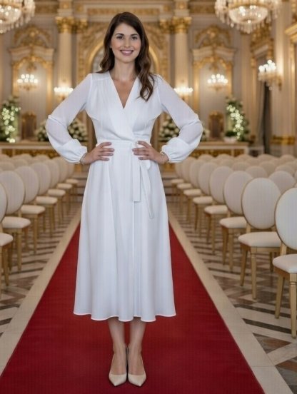 Белое атласное платье миди с длинными рукавами, фото 1