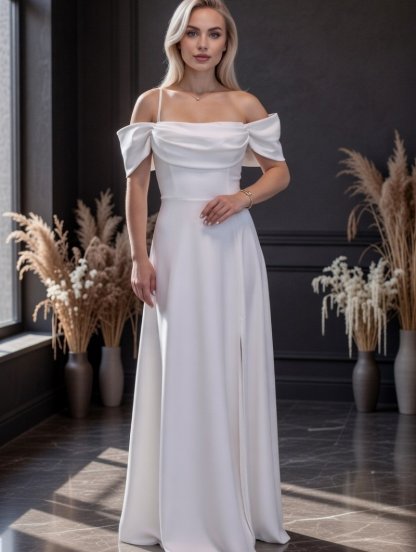 Вечернее белое платье с приспущенным рукавом, фото 1