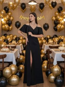 Вечернее черное платье с рукавами, разрезом на ноге, платье для вечеринок