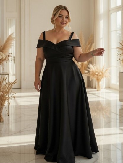 Вечернее черное платье с воланом на руки и в большом размере, фото 1