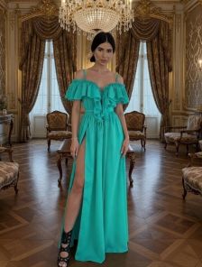 Длинный летний бирюзовый сарафан с воланами