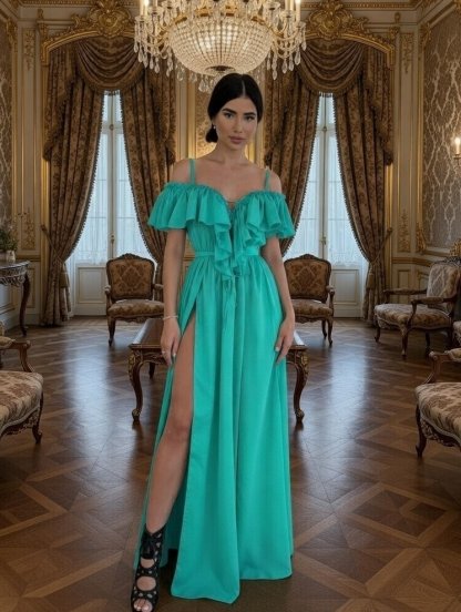 Длинный летний бирюзовый сарафан с воланами, фото 1