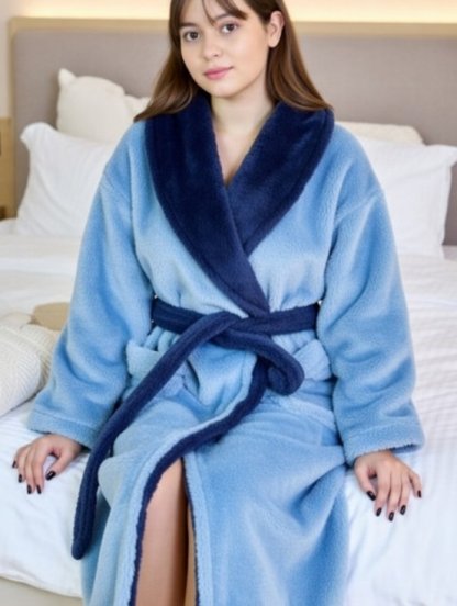 Синий домашний теплый халат с поясом и карманом, фото 1