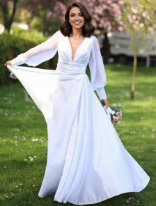 Свадебное длинное белое платье на длинный рукав