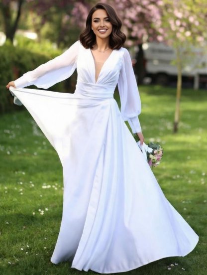 Свадебное длинное белое платье на длинный рукав, фото 1