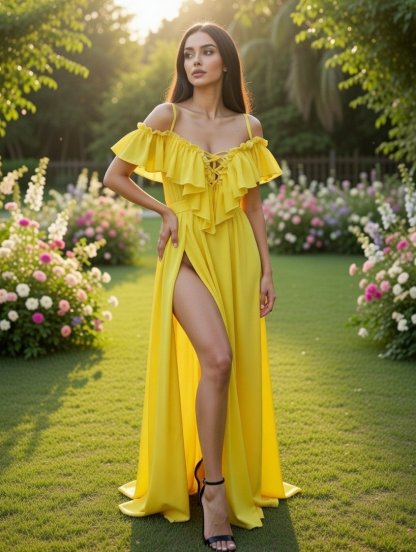 Длинный летний желтый сарафан с воланами, фото 1