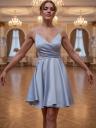 Увеличить фото Голубое короткое нарядное платье на тонких бретельках, фото 2