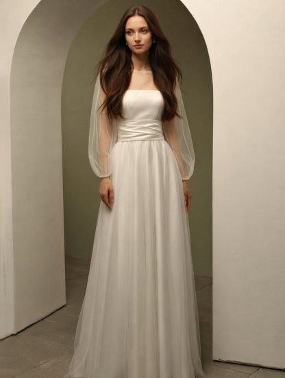 Свадебное длинное атласное платье с прозрачной накидкой, фото 1