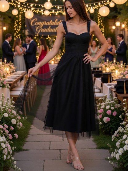 Корсетное черное платье миди длины со шнуровкой, фото 1