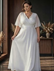 Вечернее блестящее белое платье c рукавом для невест в большем размере